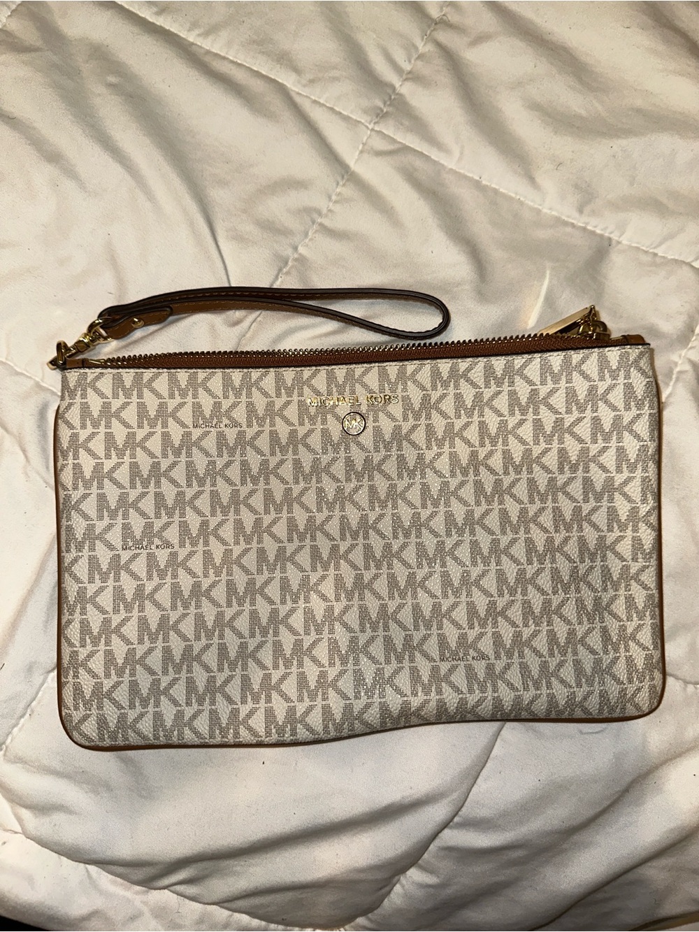 Michael Kors Cream/Beige MK Signature Wristlet with Brown Trim